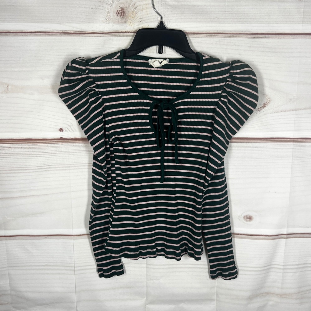 Porridge Tie Front Puff Sleeve Top Women Small Green Pink Striped Ribbed T-Shirt
